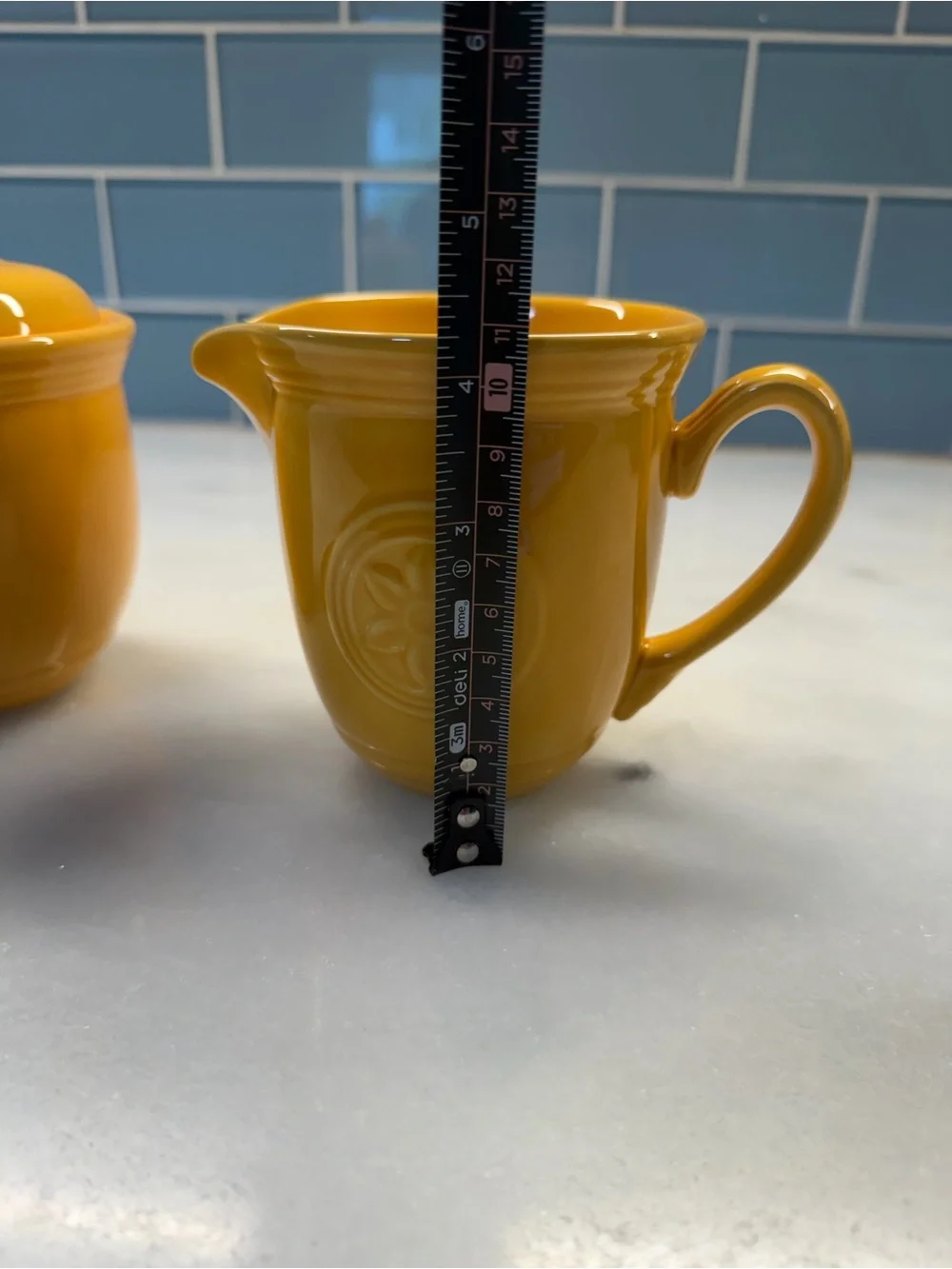 Yellow Ceramic Creamer and Sugar Set with Floral Medallion - Unbranded